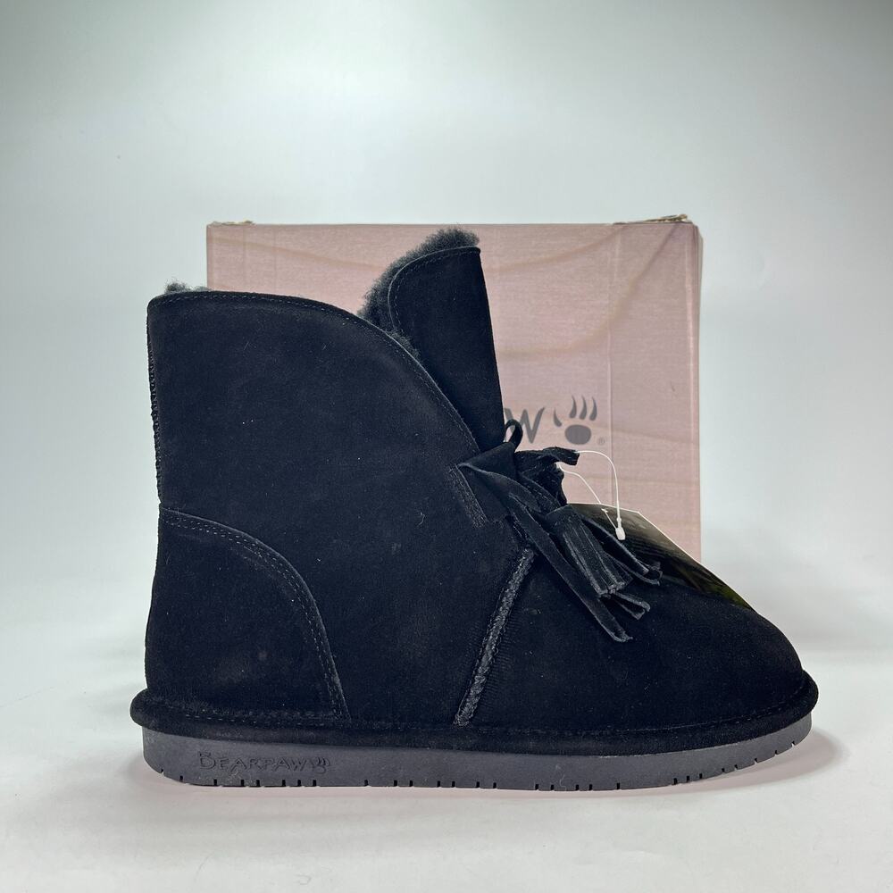Bearpaw Christie Black Suede NeverWet Sheepskin Fringe Boots 2422W Women's Sz 11